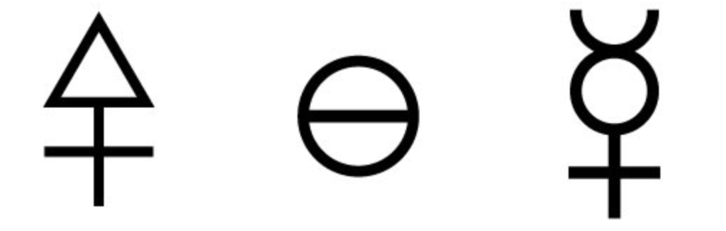 Les principes alchimiques avec le symbole du mercure représentant la Prima Materia