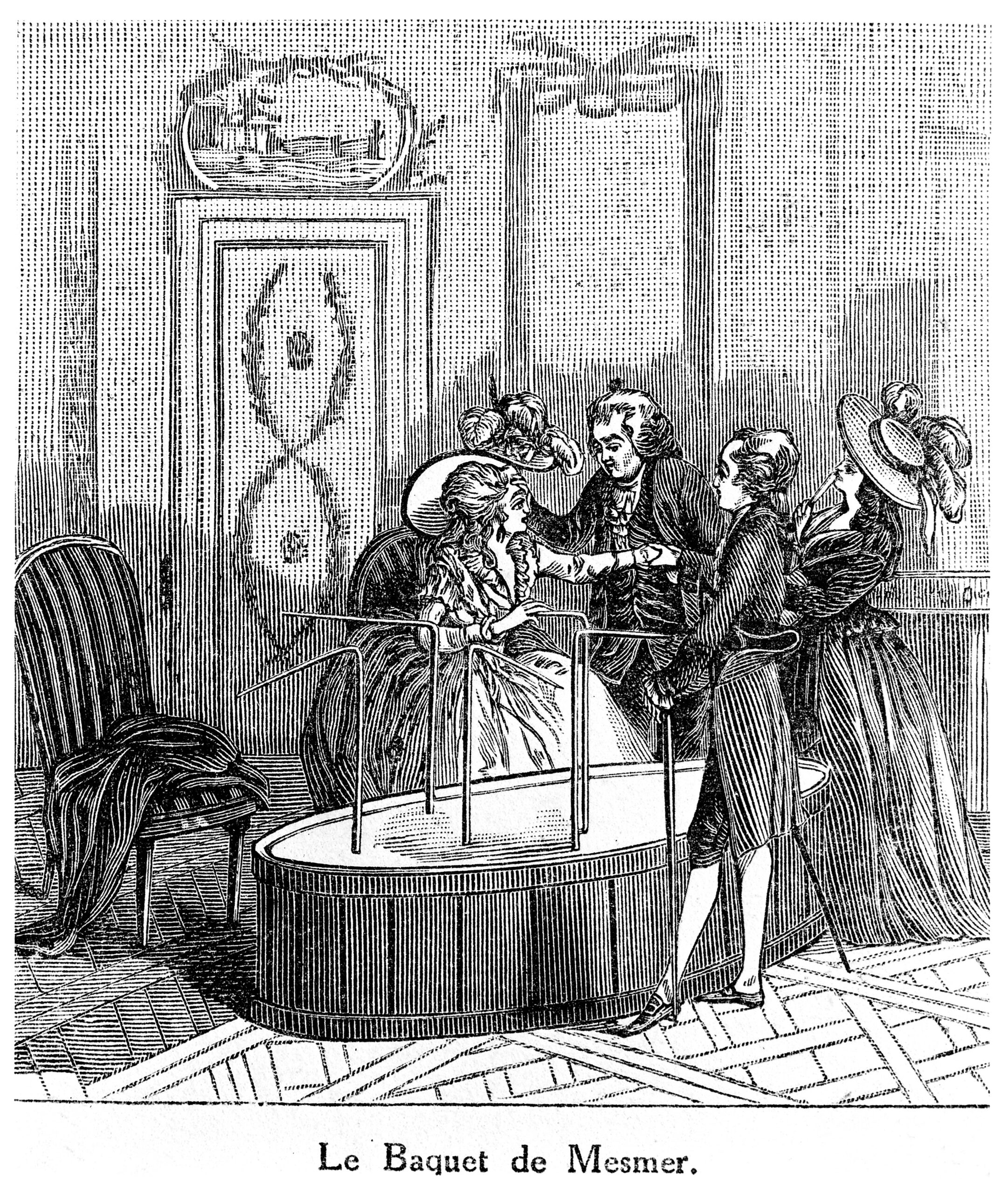Gravure montrant une séance collective autour du baquet de Mesmer