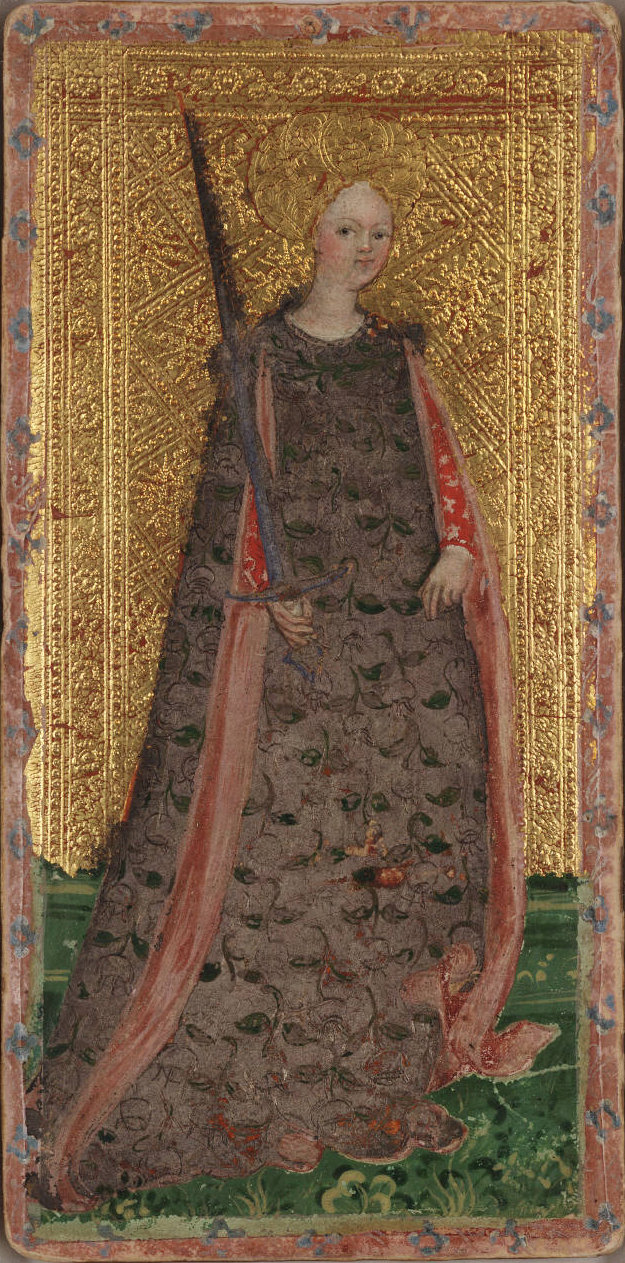 Carte de la Demoiselle d'Épées du tarot Cary-Yale, une figure féminine propre à ce jeu