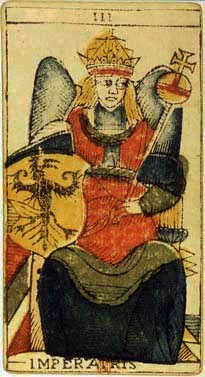 Atout III, l'Impératrice, tarot de Marseille de Jean Dodal, gravure sur bois coloriée, Lyon, début du XVIIIe siècle