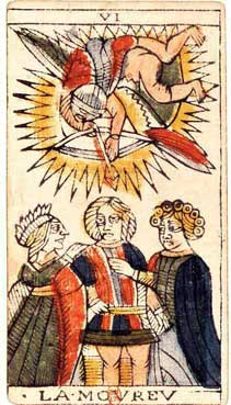 Atout VI, l'Amoureux, tarot de Marseille de Jean Dodal, gravure sur bois coloriée, début du XVIIIe siècle