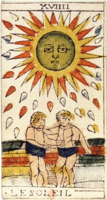 Atout XVIIII, le Soleil, tarot de Marseille de Jean Dodal, début du XVIIIe siècle