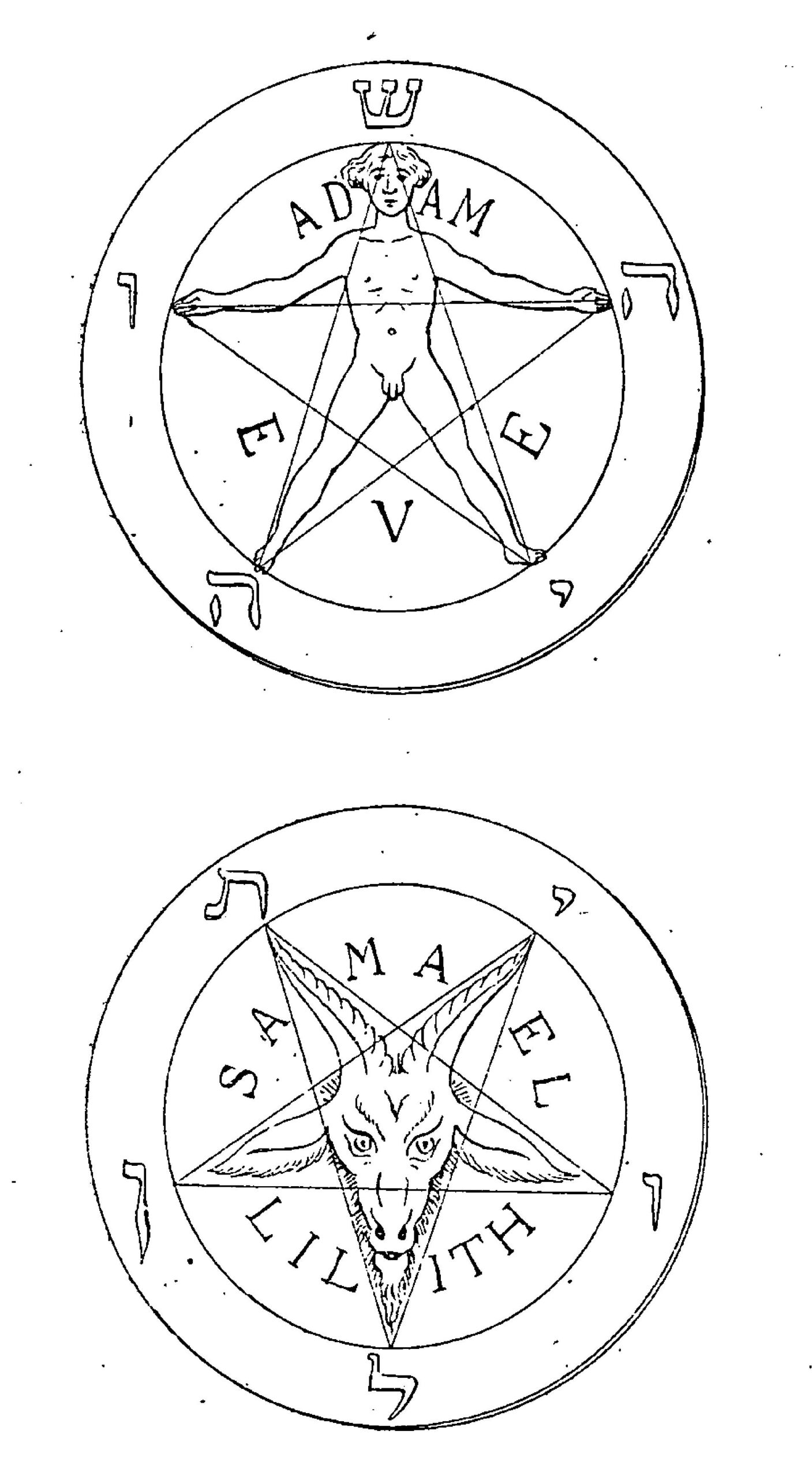 Deux pentagrammes dessinés par Stanislas de Guaita dans La Clef de la magie noire, l'un pointe en haut, l'autre pointe en bas avec une tête de bouc