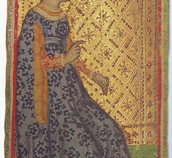 Reine de Bâtons d'un tarot visconti du XVe siècle, fond doré