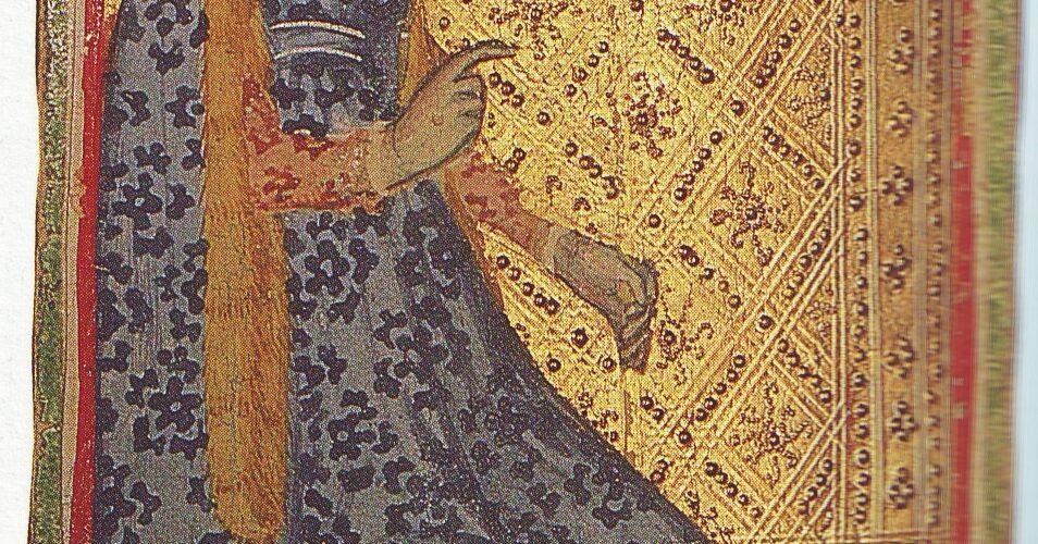 Reine de Bâtons d'un tarot visconti du XVe siècle, fond doré