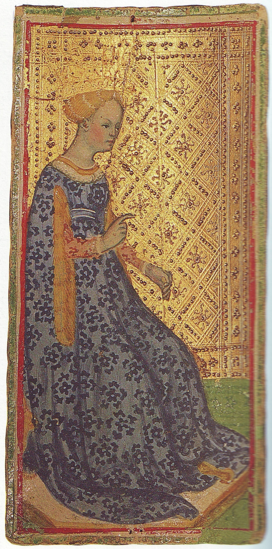Reine de Bâtons d'un tarot visconti du XVe siècle, fond doré