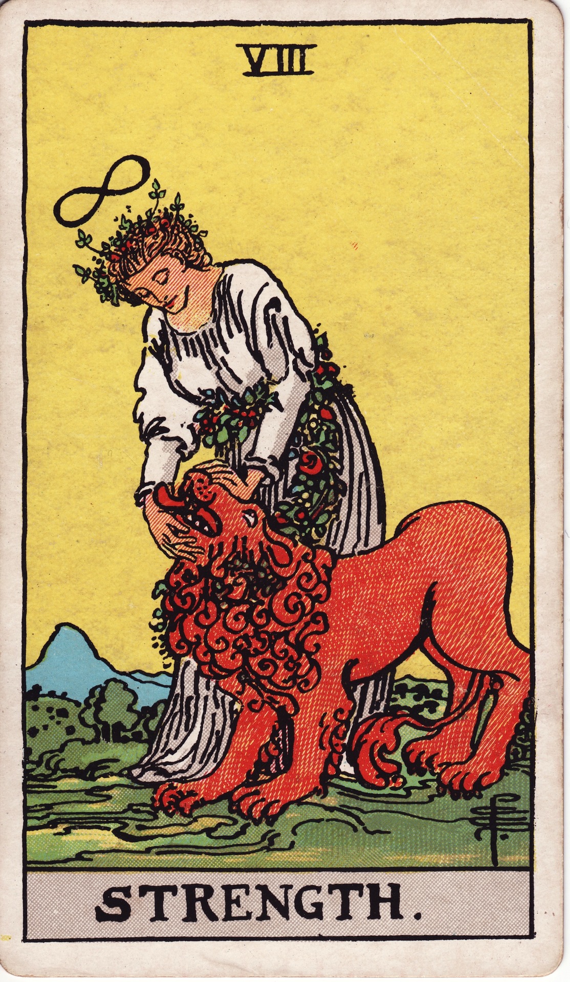 La Force numérotée VIII dans le tarot Rider-Waite-Smith, une femme fermant la gueule d'un lion