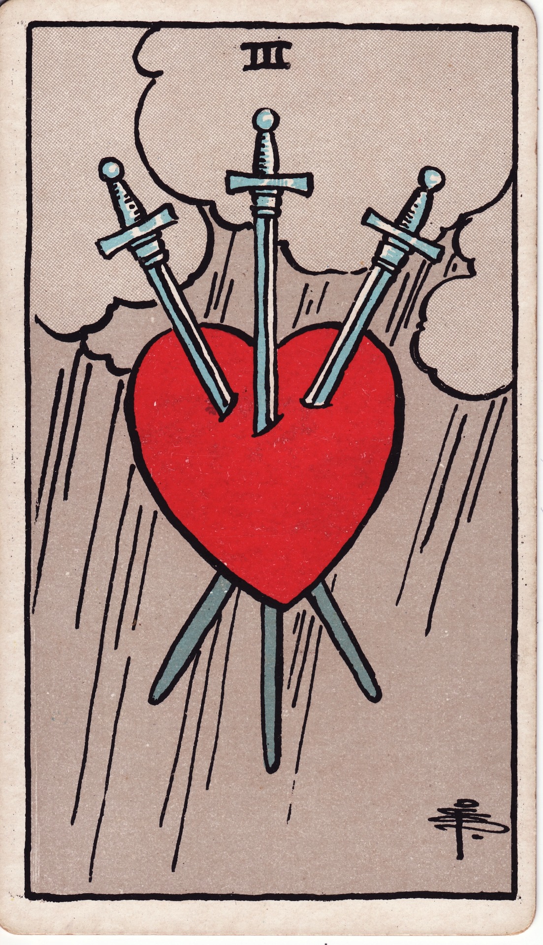 Le Trois d'Épées du tarot Rider-Waite-Smith, un cœur transpercé par trois épées sous un ciel de pluie