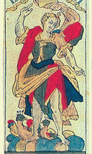 Atout II du tarot de Besançon : Junon avec son paon, à la place de la Papesse