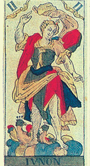 Atout II du tarot de Besançon : Junon avec son paon, à la place de la Papesse