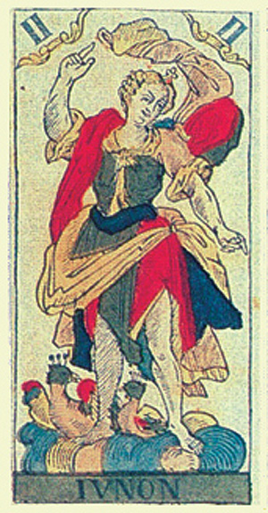 Atout II du tarot de Besançon : Junon avec son paon, à la place de la Papesse