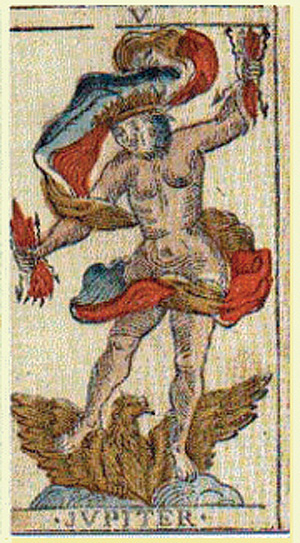 Atout V du tarot de Besançon : Jupiter avec son aigle, à la place du Pape