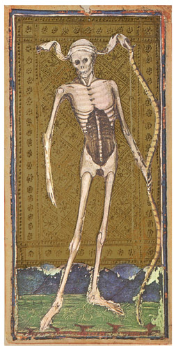 Carte de la Mort du tarot Visconti-Sforza, un squelette tenant un arc, XVe siècle