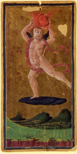 Carte du Soleil du tarot Visconti-Sforza, un enfant ailé tenant une tête rayonnante au-dessus des nuages