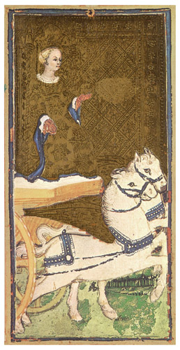 Carte du Chariot du tarot Visconti-Sforza, une femme couronnée sur un char tiré par des chevaux ailés