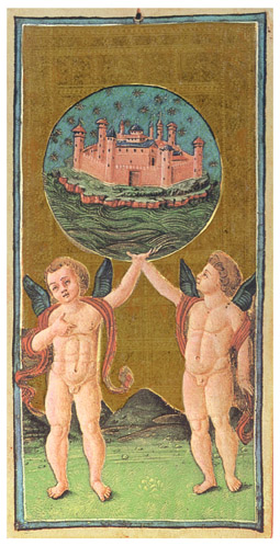 Carte du Monde du tarot Visconti-Sforza, deux putti soutenant un globe contenant une ville