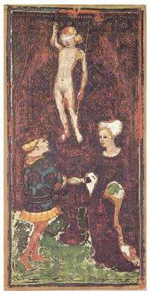 Carte de l'Amoureux du tarot Visconti-Sforza, XVe siècle, fond doré, un couple sous un Cupidon aux yeux bandés