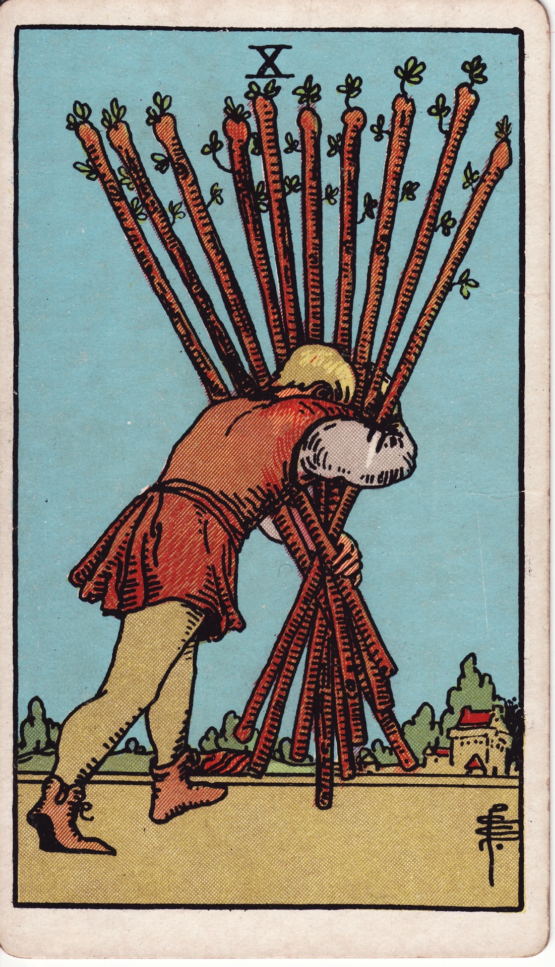 Le Dix de Bâtons du tarot Rider-Waite-Smith, un homme courbé portant une lourde brassée de dix bâtons