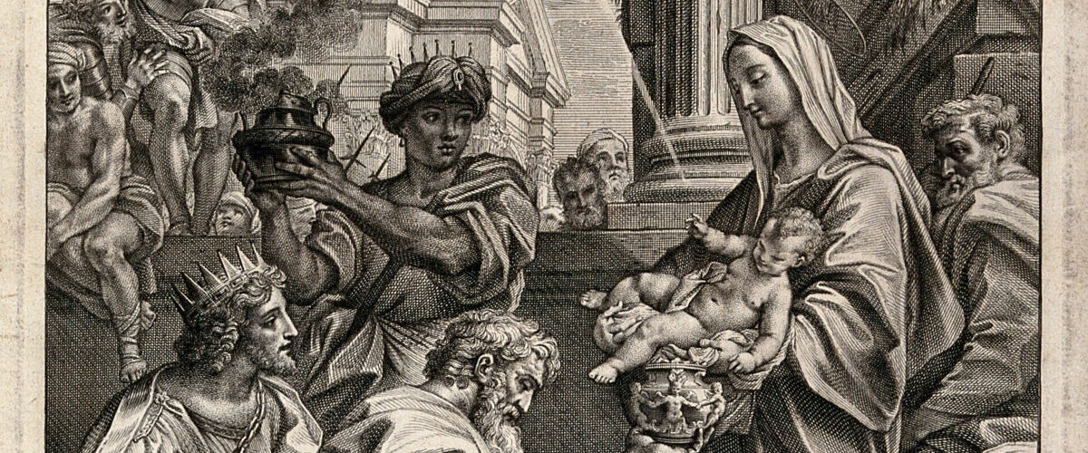 Gravure de l'Adoration des Mages : les trois rois apportent leurs présents à l'Enfant Jésus