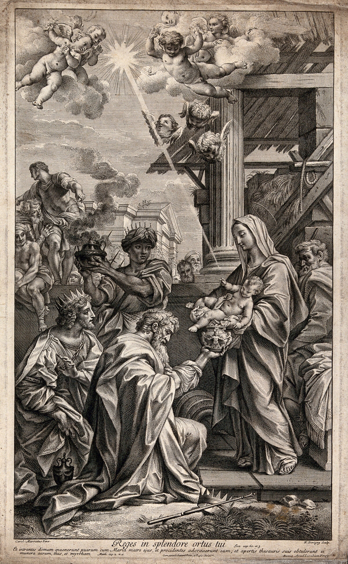 Gravure de l'Adoration des Mages : les trois rois apportent leurs présents à l'Enfant Jésus