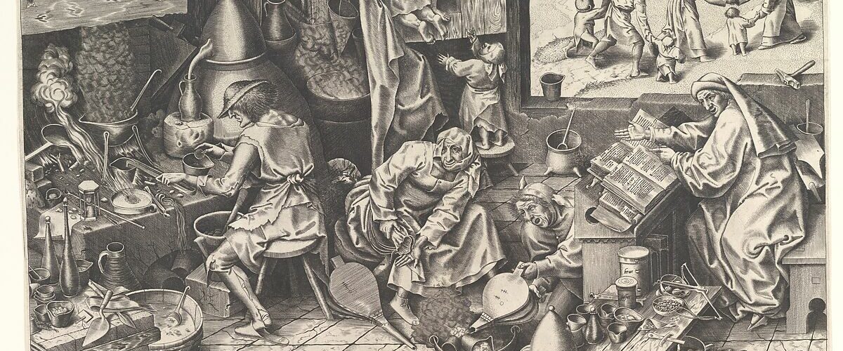 Gravure L'Alchimiste d'après Bruegel : un alchimiste jette ses dernières pièces dans le creuset, sa femme montre une bourse vide et les enfants jouent dans des placards vides