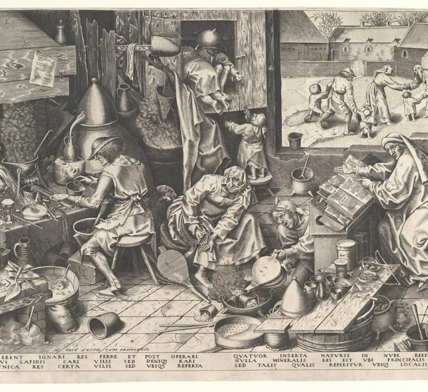 Gravure L'Alchimiste d'après Bruegel : un alchimiste jette ses dernières pièces dans le creuset, sa femme montre une bourse vide et les enfants jouent dans des placards vides