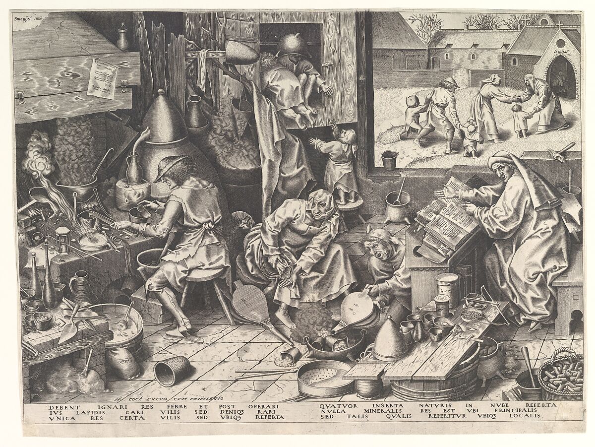 Gravure L'Alchimiste d'après Bruegel : un alchimiste jette ses dernières pièces dans le creuset, sa femme montre une bourse vide et les enfants jouent dans des placards vides