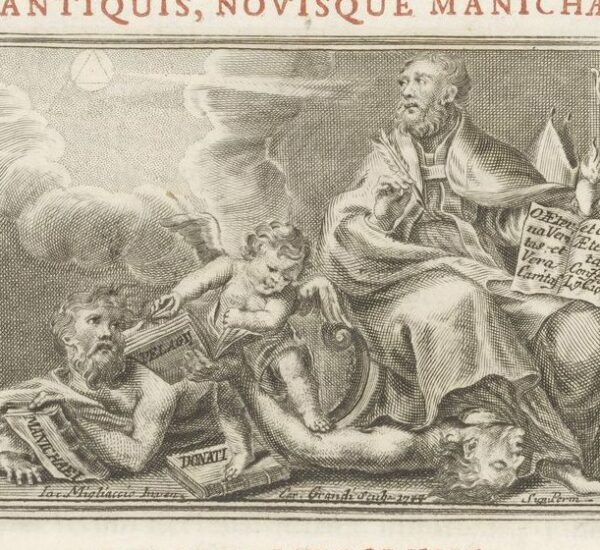 Gravure allégorique du XVIIIe siècle : un évêque assis tient une crosse et un livre ouvert, tandis qu'un putto écrase des hérétiques ; à terre, des livres portent les mots Manichaei et Donati