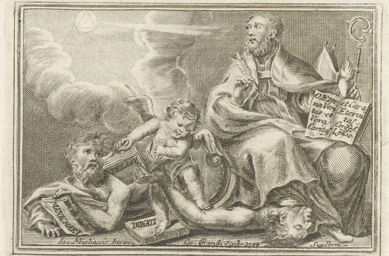 Gravure allégorique du XVIIIe siècle : un évêque assis tient une crosse et un livre ouvert, tandis qu'un putto écrase des hérétiques ; à terre, des livres portent les mots Manichaei et Donati