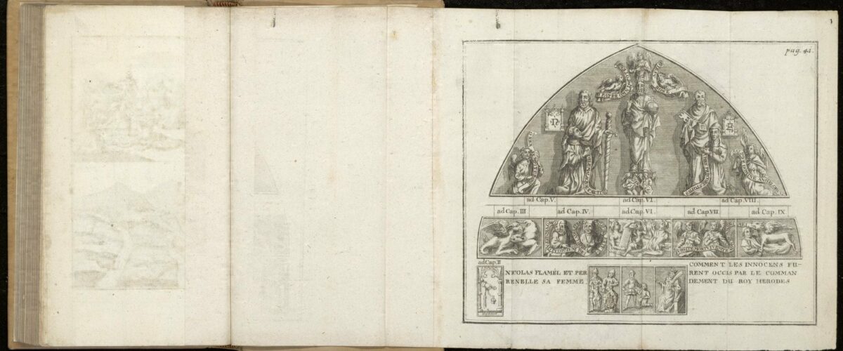 Gravure de l'arche du cimetière des Innocents attribuée à Flamel : le Christ en juge entre saint Pierre et saint Paul, Nicolas et Pernelle agenouillés, et des panneaux symboliques