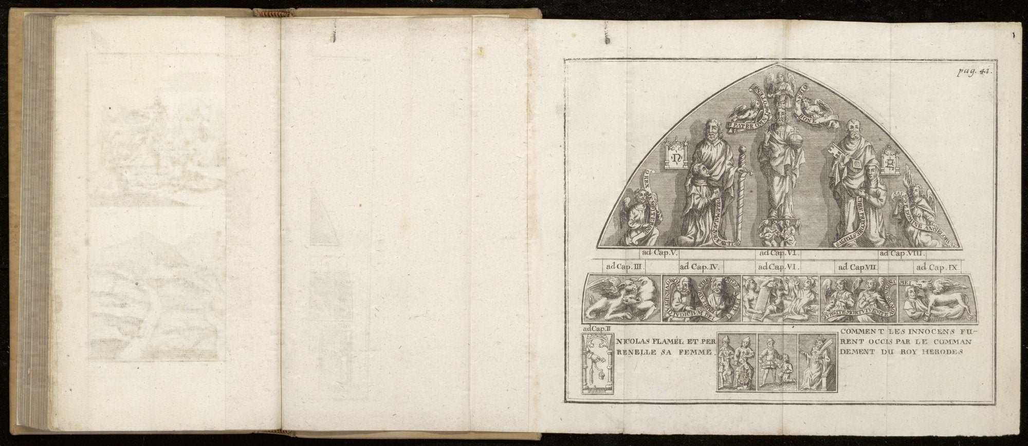 Gravure de l'arche du cimetière des Innocents attribuée à Flamel : le Christ en juge entre saint Pierre et saint Paul, Nicolas et Pernelle agenouillés, et des panneaux symboliques