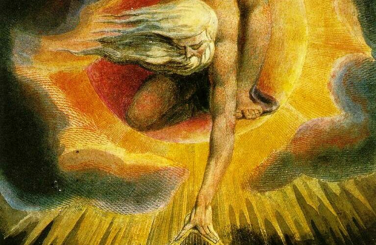 Gravure coloriée de William Blake : un vieillard à longue barbe blanche, penché hors d'un disque de lumière, tend un compas vers l'obscurité