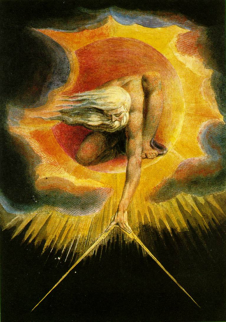 Gravure coloriée de William Blake : un vieillard à longue barbe blanche, penché hors d'un disque de lumière, tend un compas vers l'obscurité