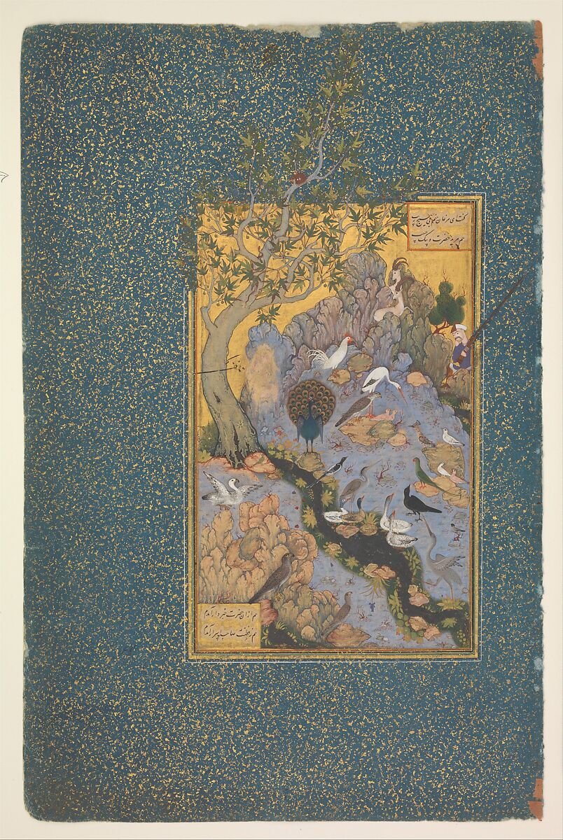 Miniature persane de la Conférence des oiseaux : la huppe s'adresse aux oiseaux réunis dans un paysage