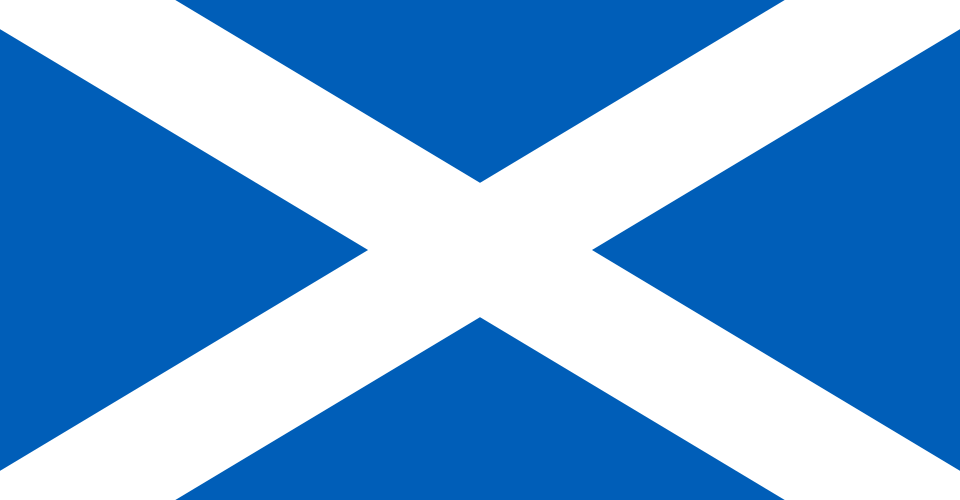 Drapeau de l'Écosse : croix de Saint-André blanche en X sur fond bleu