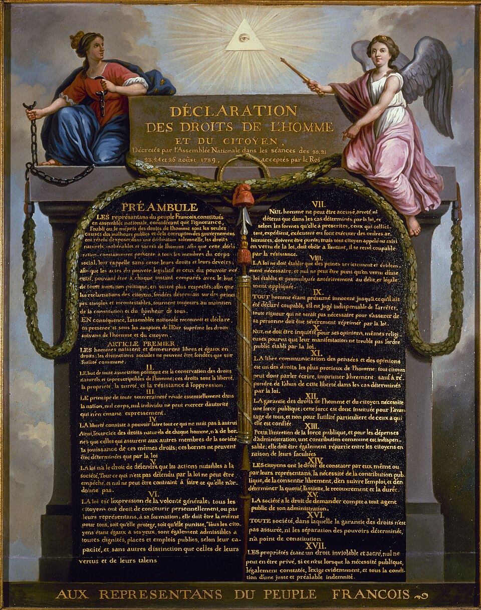 Tableau de la Déclaration des droits de l'homme et du citoyen de 1789, surmonté d'un œil dans un triangle rayonnant