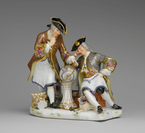 Groupe en porcelaine de Meissen : deux francs-maçons en tablier blanc, avec un compas et des outils de bâtisseur