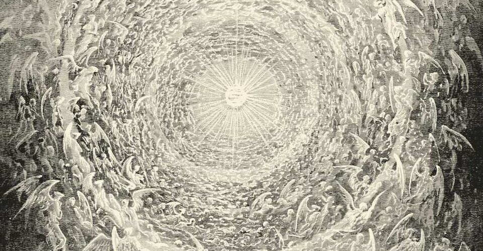 Gravure de Gustave Doré : Dante et Béatrice contemplent les cercles d'anges de l'Empyrée