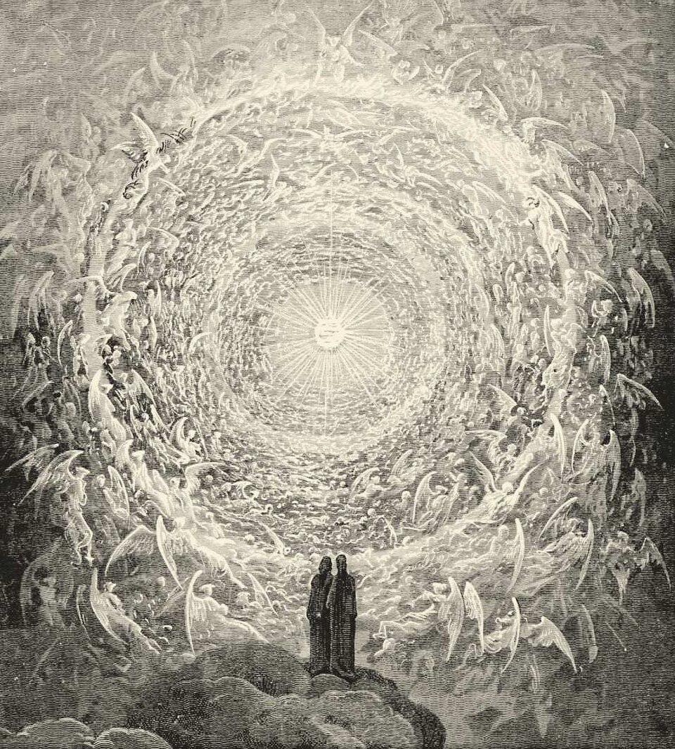 Gravure de Gustave Doré : Dante et Béatrice contemplent les cercles d'anges de l'Empyrée