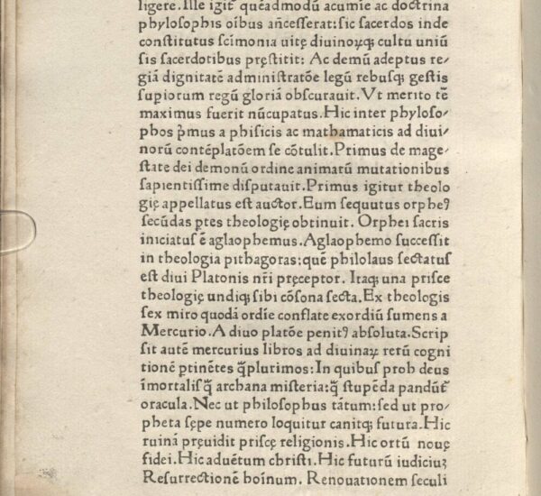 Page imprimée en latin du Pimander de Marsile Ficin (1472) où figure la généalogie des théologiens antiques d'Hermès à Platon