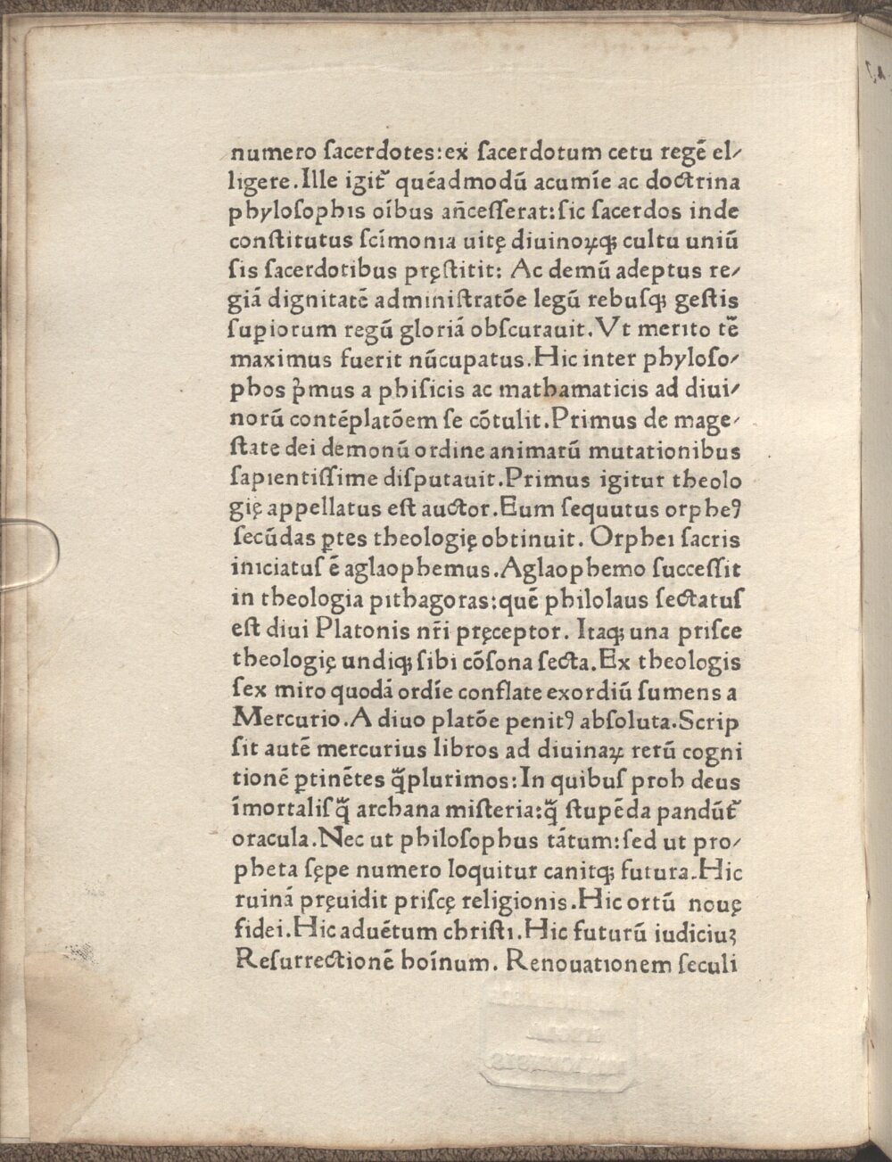 Page imprimée en latin du Pimander de Marsile Ficin (1472) où figure la généalogie des théologiens antiques d'Hermès à Platon