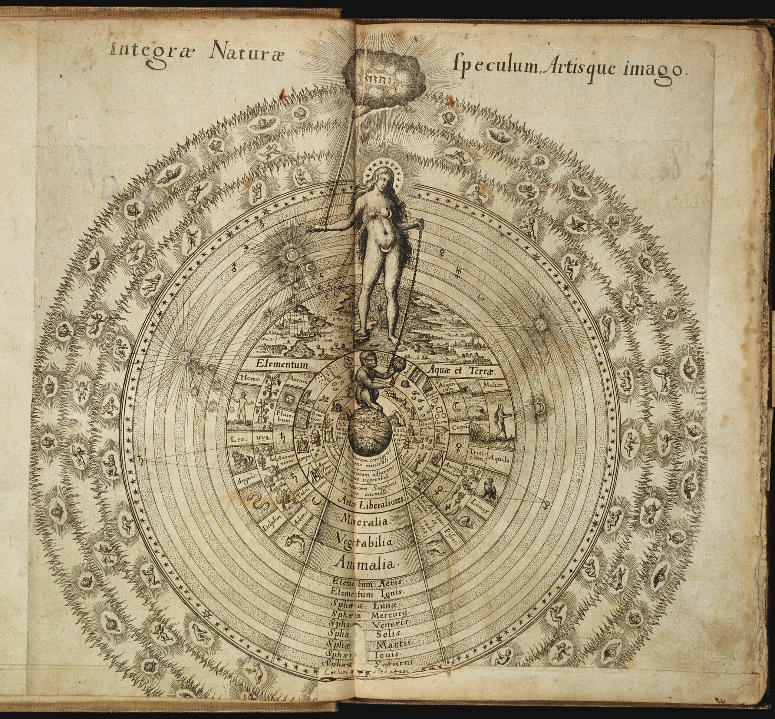 Gravure de Robert Fludd : une figure féminine au centre des sphères célestes, reliée par une chaîne au nom divin et à un singe