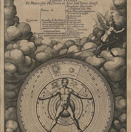 Gravure de Robert Fludd : un homme nu inscrit dans des cercles concentriques représentant l'univers