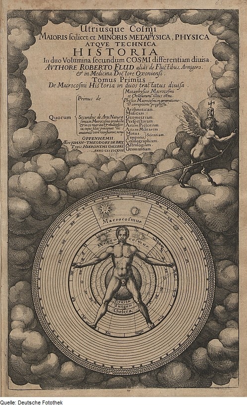 Gravure de Robert Fludd : un homme nu inscrit dans des cercles concentriques représentant l'univers