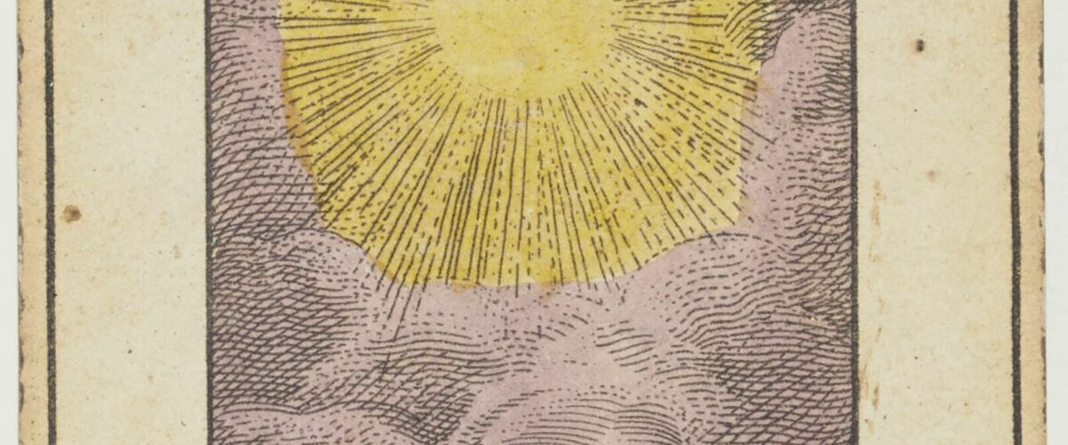 Carte 1 du tarot d'Etteilla, intitulée Etteilla et Questionnant, montrant un soleil rayonnant dans les nuages