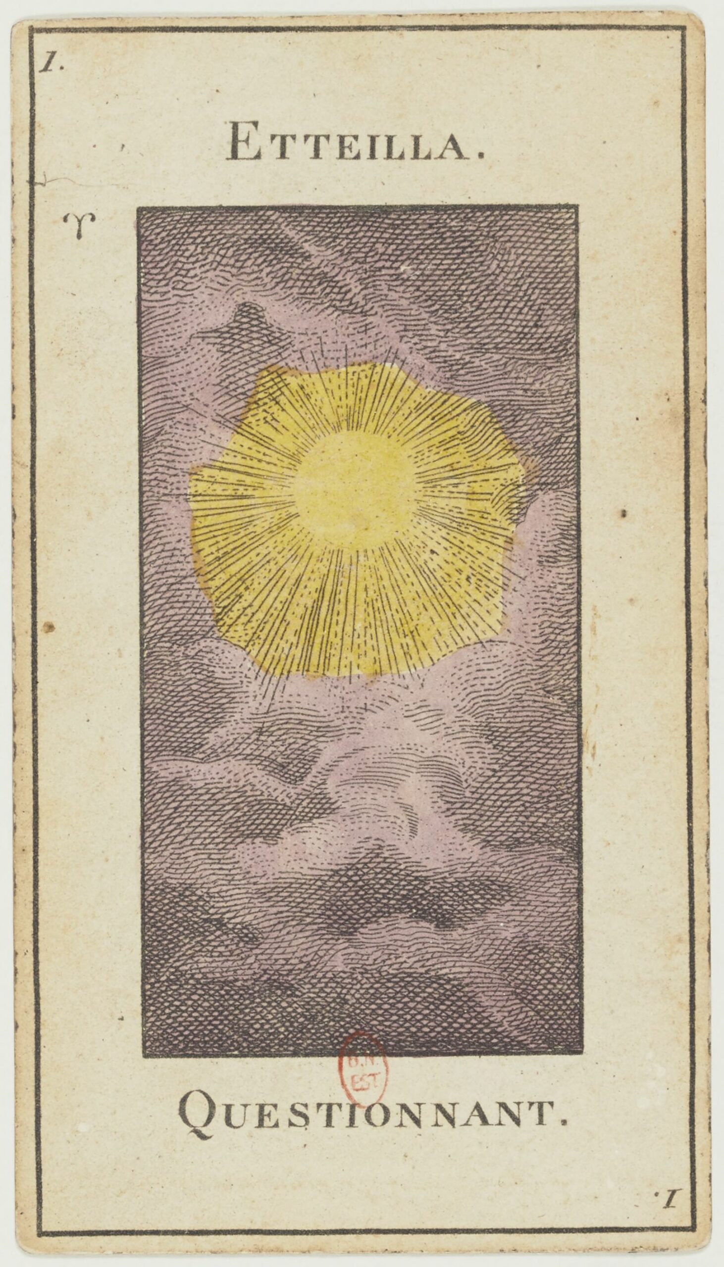 Carte 1 du tarot d'Etteilla, intitulée Etteilla et Questionnant, montrant un soleil rayonnant dans les nuages