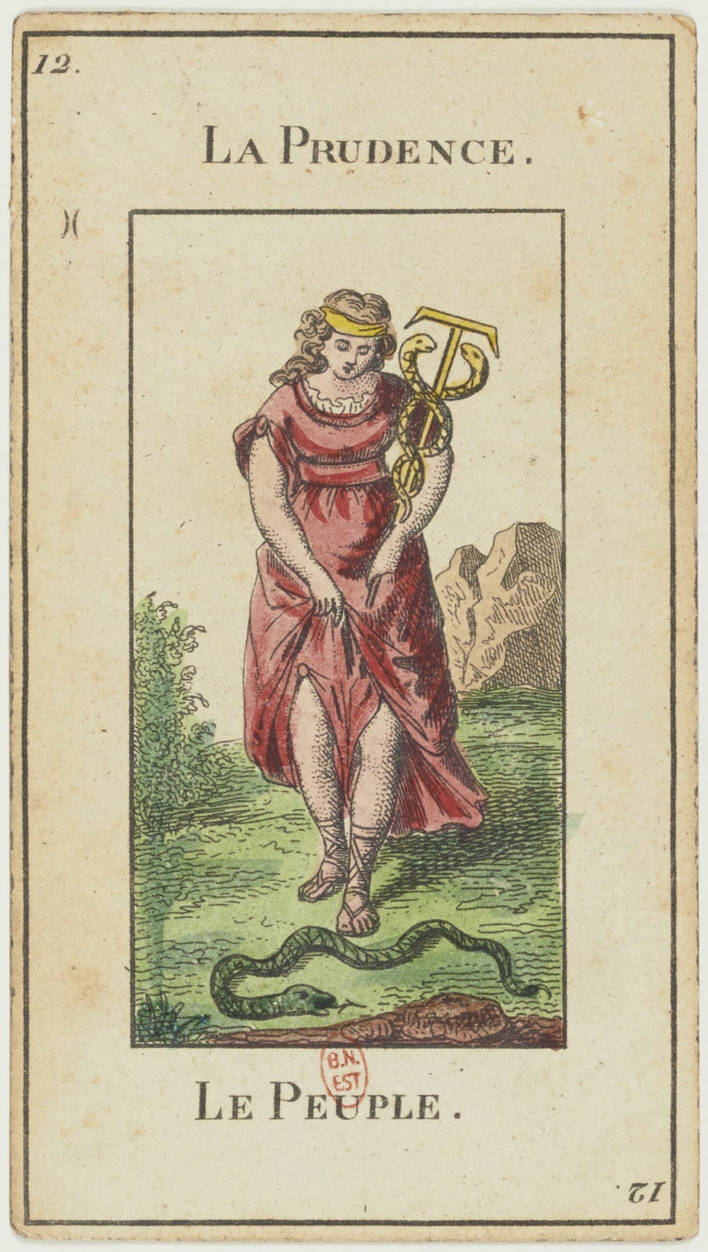 Carte 12 du tarot d'Etteilla, La Prudence, une femme marchant sur un serpent, avec la mention Le Peuple en bas