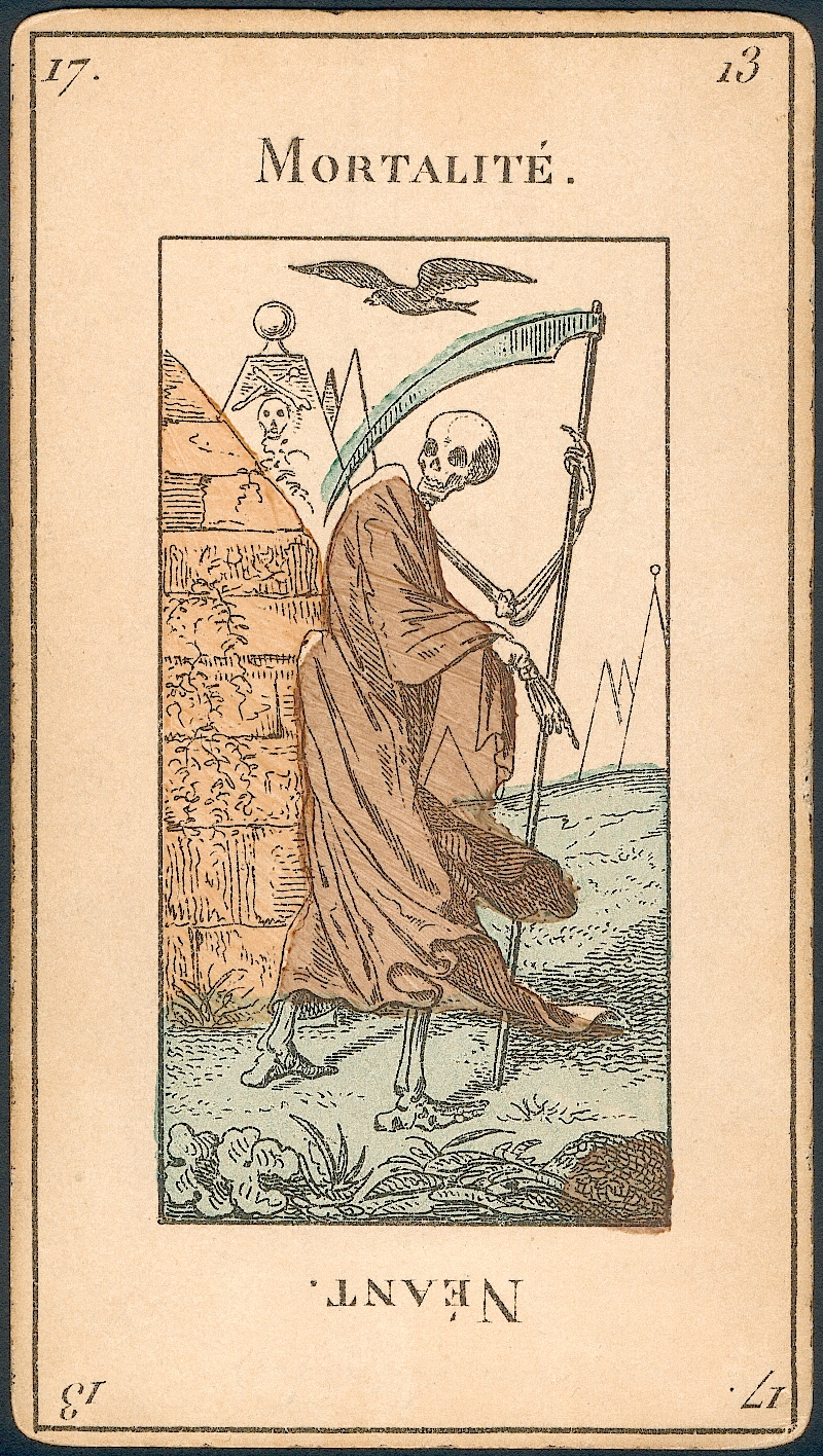 Carte 17 du tarot d'Etteilla, Mortalité, un squelette tenant une faux devant une pyramide