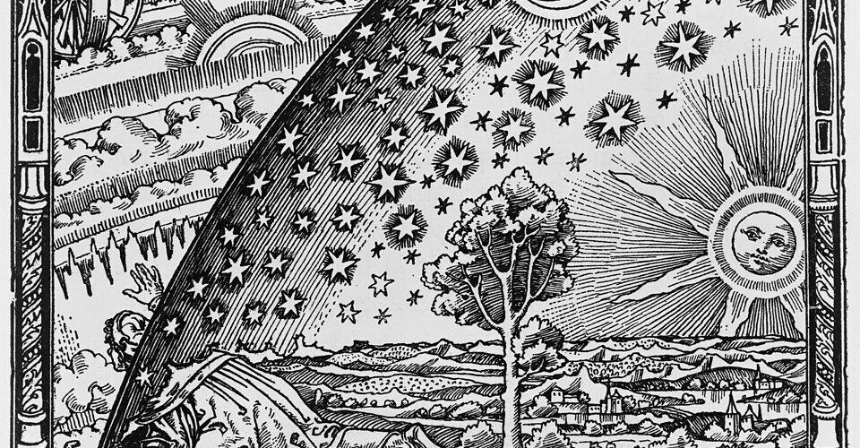 Gravure de Flammarion : un voyageur passe la tête à travers la voûte céleste et découvre les rouages de l'univers