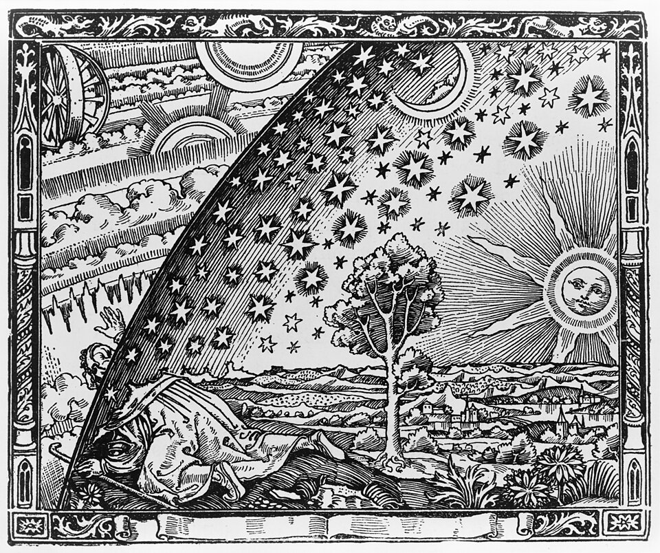 Gravure de Flammarion : un voyageur passe la tête à travers la voûte céleste et découvre les rouages de l'univers